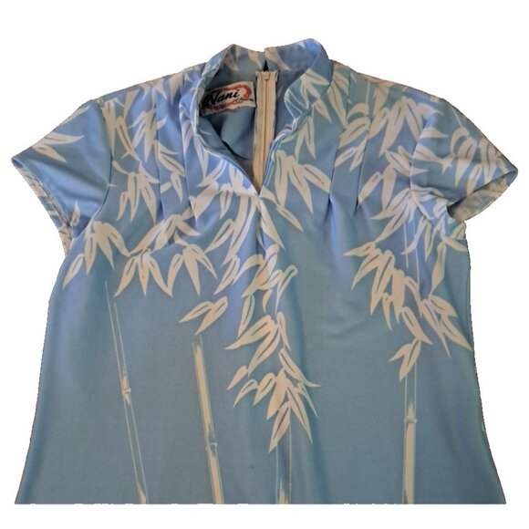 Vintage Nani Hawaii Dress Maxi Blue Bamboo Design Shift Zip Up 1970s L - Picture 2 of 5